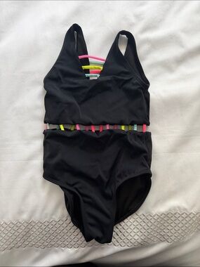Peixoto Black One-Piece Swimsuit with Neon Pink, Yellow, Green and Blue Straps
